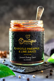 Chipotle Pineapple & Lime Sauce in a jar by Boutique Sauces. A smoky and spicy chipotle sauce with sweet pineapple and zesty lime, perfect for grilled meats, tacos, and burgers.