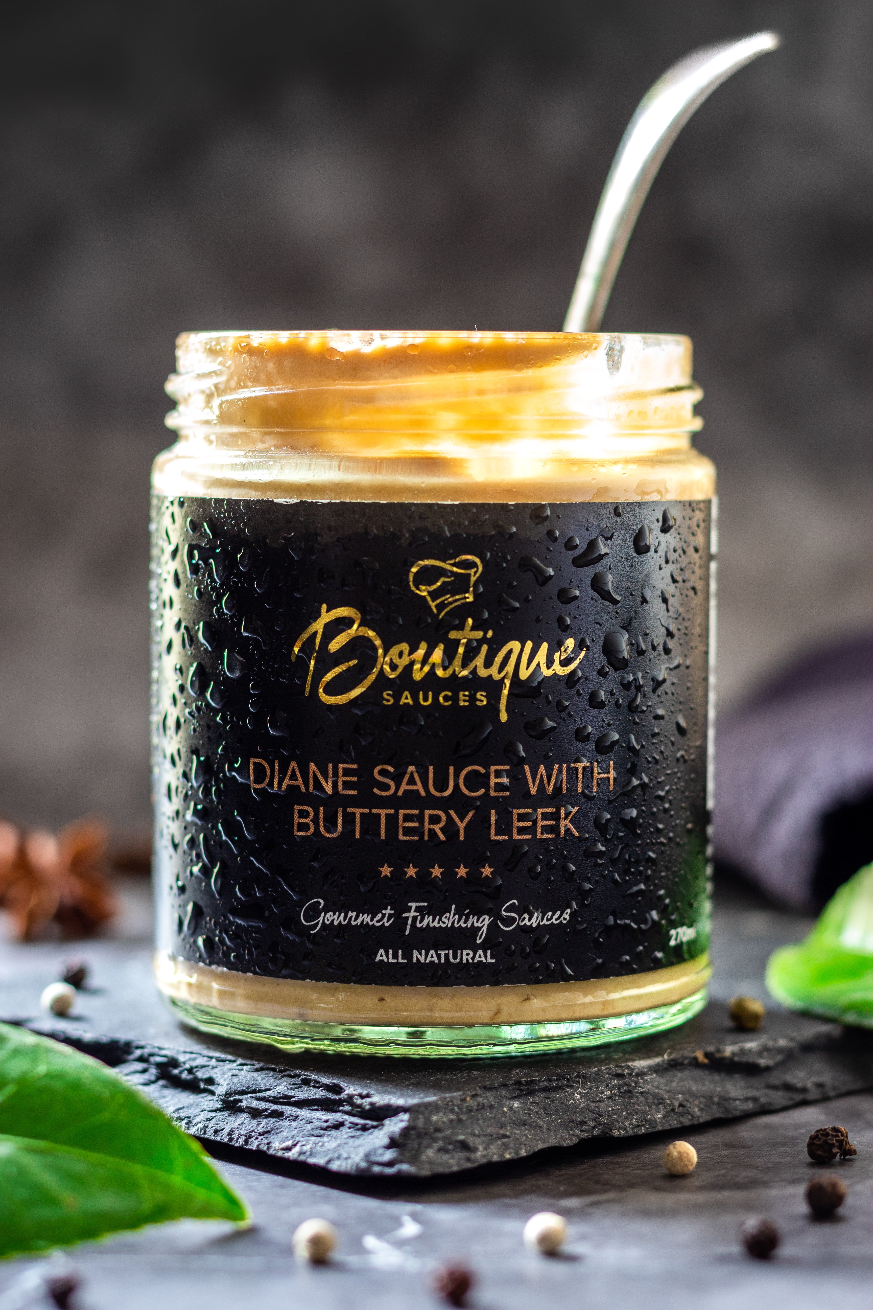 Buy creamy Diane sauce with buttery leek in a jar by Boutique Sauces. A gourmet steak sauce perfect for beef, chicken, and pork