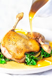 Crispy duck leg with Orange Star Anise Sauce by Boutique Sauces. A sweet and tangy sauce with anise & cinnamon, available in a jar for easy gourmet cookin