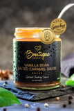 Vanilla Salted Caramel Sauce jar by Boutique Sauces with its award medals. Chef-made dessert sauce for puddings and ice cream.