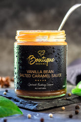 Authentic Vanilla Bean Salted Caramel Sauce in a jar by Boutique Sauces. A rich and creamy gourmet caramel, perfect for sticky date pudding, desserts, and ice cream