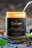 Authentic Vanilla Bean Salted Caramel Sauce in a jar by Boutique Sauces. A rich and creamy gourmet caramel, perfect for sticky date pudding, desserts, and ice cream