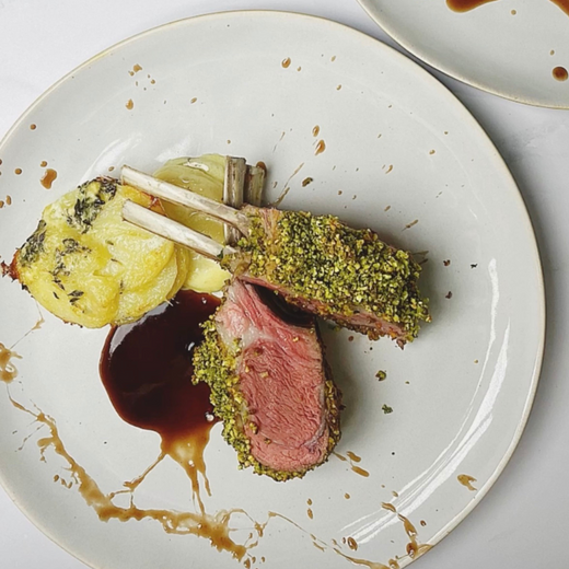 Pistachio Crusted Rack of Lamb with Red Wine Jus