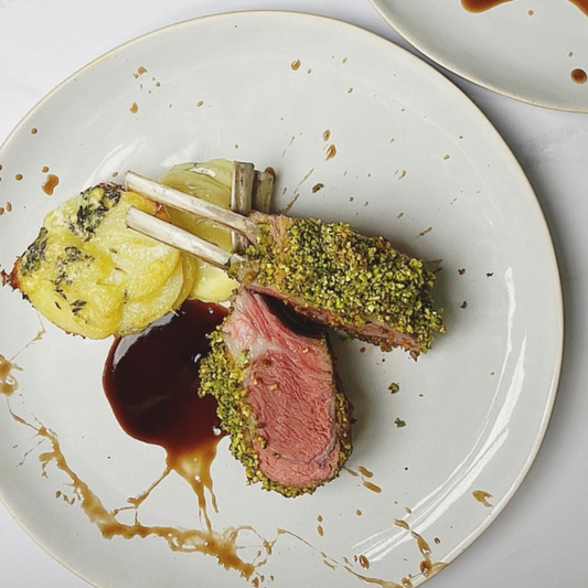 PISTACHIO CRUSTED RACK OF LAMB WITH RED WINE JUS