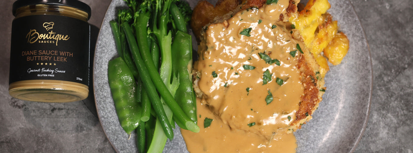Gluten-free Pork Cutlet with boutique Sauces, Diane sauce with buttery leek