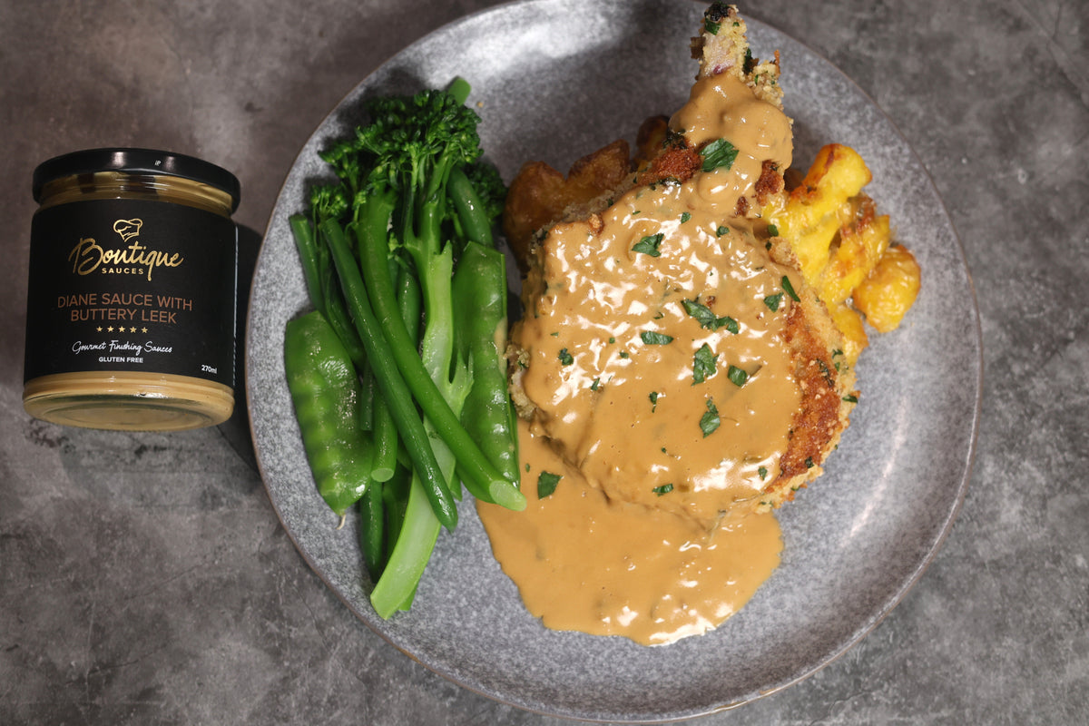 Crumbed Pork Cutlets with Diane Sauce & Buttery leek