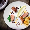 Sear Duck Breast with Red wine jus, Pear Chips with cauliflower & carrot puree